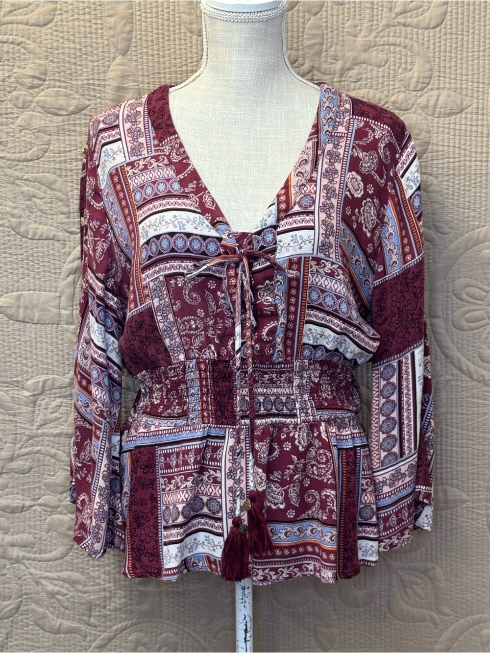 American Rag Cie Entry Boho Paisley Tie-Front Peasant Top